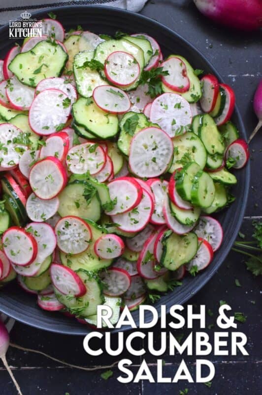 This light and refreshing salad is prepared with summer fresh cucumbers and radishes. Tossed in a quick and easy, seasoned homemade oil and vinegar dressing, this Radish and Cucumber Salad is loaded with crunch and texture. Can be prepared a day or two in advance as well!