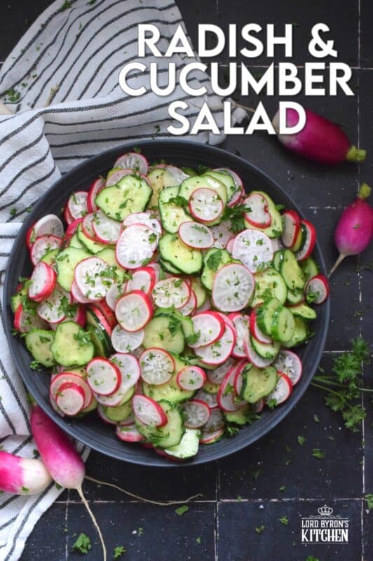 This light and refreshing salad is prepared with summer fresh cucumbers and radishes. Tossed in a quick and easy, seasoned homemade oil and vinegar dressing, this Radish and Cucumber Salad is loaded with crunch and texture. Can be prepared a day or two in advance as well!
