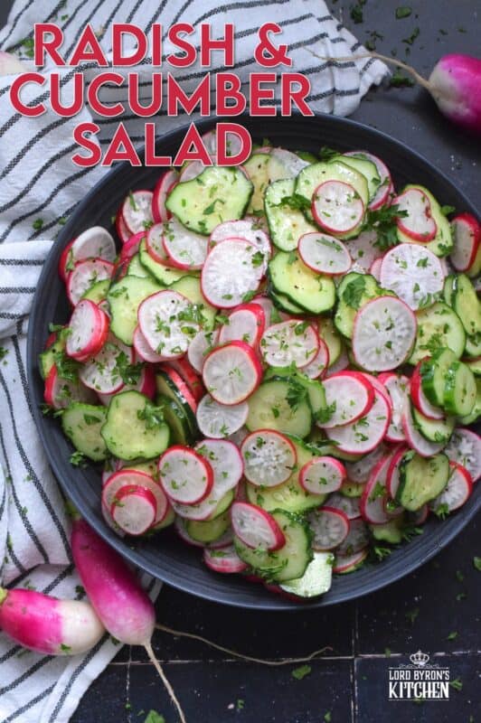 This light and refreshing salad is prepared with summer fresh cucumbers and radishes. Tossed in a quick and easy, seasoned homemade oil and vinegar dressing, this Radish and Cucumber Salad is loaded with crunch and texture. Can be prepared a day or two in advance as well!