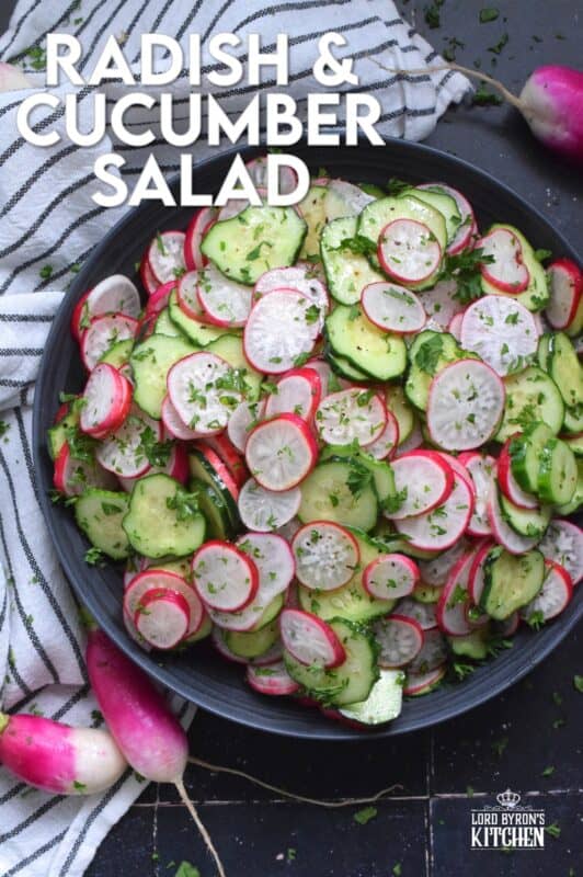 This light and refreshing salad is prepared with summer fresh cucumbers and radishes. Tossed in a quick and easy, seasoned homemade oil and vinegar dressing, this Radish and Cucumber Salad is loaded with crunch and texture. Can be prepared a day or two in advance as well!