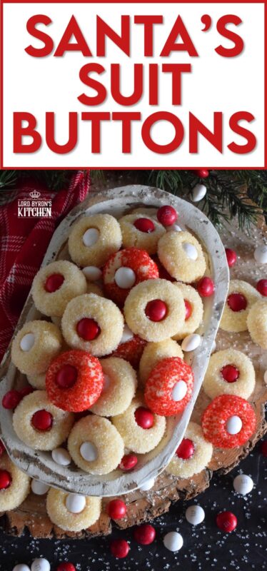 These are miniature, one-bite cookies that are made with Christmas M&M candy centers. Santa's Suit Buttons are a wonderful gift idea, a great baking project with the kids, or bake them alone and save them all for yourself! #santassuit #buttons #cookies #christmas #holiday #baking #kids