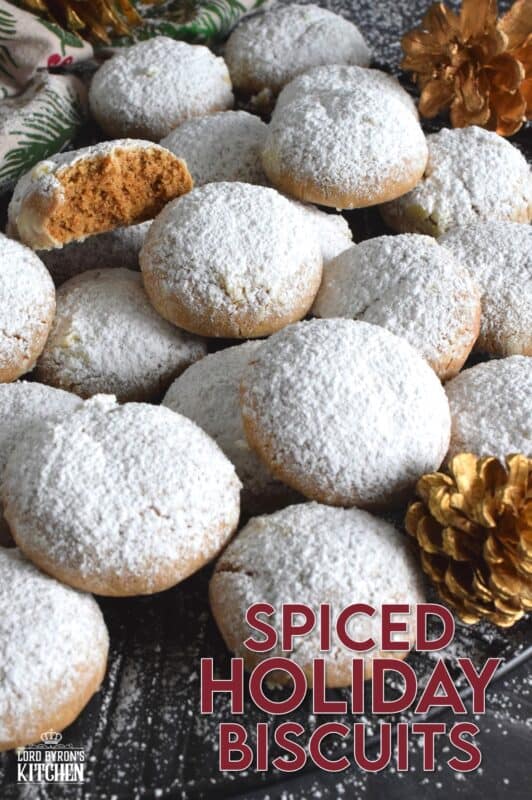 Spiced Holiday Biscuits have a soft, chewy, and moist center with a sweet, crunchy crust. Loaded with familiar holiday spices like cinnamon, nutmeg, cloves, ginger, and allspice, these treats pack a flavour punch unlike any other Christmas confection! The excess dusting of sugar adds just the right amount of sweetness to balance out the warm heat of the cookie.
