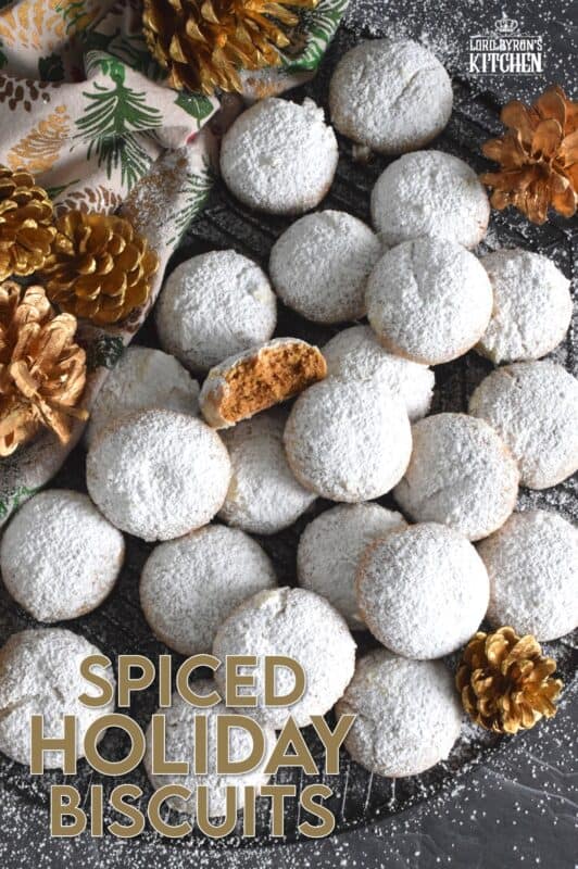 Spiced Holiday Biscuits have a soft, chewy, and moist center with a sweet, crunchy crust. Loaded with familiar holiday spices like cinnamon, nutmeg, cloves, ginger, and allspice, these treats pack a flavour punch unlike any other Christmas confection! The excess dusting of sugar adds just the right amount of sweetness to balance out the warm heat of the cookie.