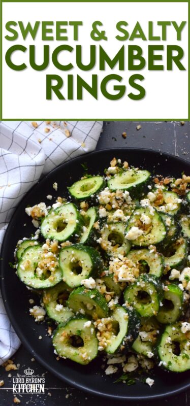 A great side or a refreshing snack, Sweet and Salty Cucumber Rings are the result of summer fresh cucumbers being paired with toasted pecans, crumbled feta, and lots of drizzled honey. Serve at room temperature immediately after preparing for the best results! #cucumber #sweetandsalty #salad #snack #feta