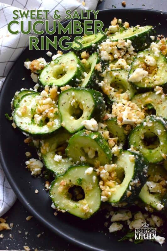 A great side or a refreshing snack, Sweet and Salty Cucumber Rings are the result of summer fresh cucumbers being paired with toasted pecans, crumbled feta, and lots of drizzled honey. Serve at room temperature immediately after preparing for the best results! #cucumber #sweetandsalty #salad #snack #feta