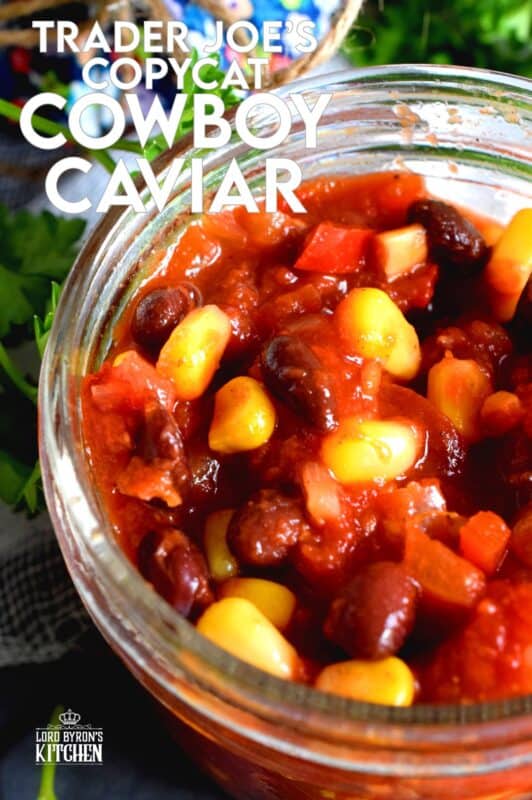 Corn, black beans, tomatoes, red bell peppers, onions, and chipotle in adobo sauce; is there a better salsa combination? Trader Joe's Copycat Cowboy Caviar is easy and delicious, and now you can stock your pantry with it and eat to your heart's content! #traderjoes #cowboy #caviar #copycat #recipe