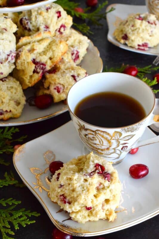 Mastering the art of a light and fluffy biscuit is a skill that allows for many combinations of flavours and textures. These Cranberry Breakfast Biscuits are prepared with a basic scone recipe, but dressed up with sanding sugar and bright, red cranberries! #christmas #breakfast #cranberry #biscuits