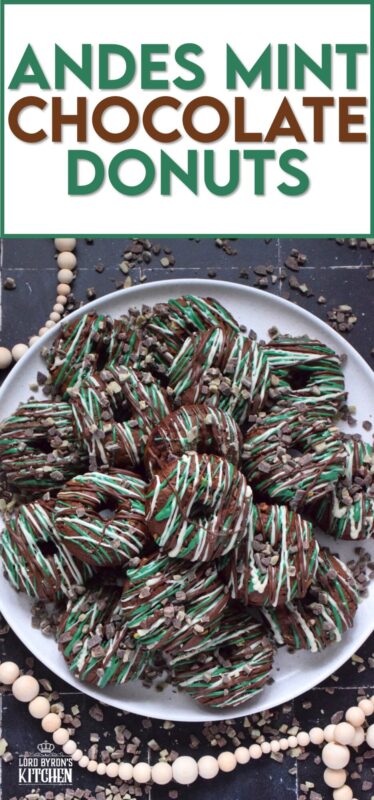 These donuts are loaded with mint flavour and are meant for serious mint and chocolate lovers. Andes Mint Chocolate Donuts are baked with good cocoa, mint extract, and mint chocolate, and topped with green candy melts and melted white and milk chocolate. It was so hard to eat just one of these! #andesmints #chocolates #donuts