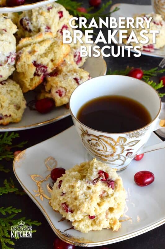 Mastering the art of a light and fluffy biscuit is a skill that allows for many combinations of flavours and textures. These Cranberry Breakfast Biscuits are prepared with a basic scone recipe, but dressed up with sanding sugar and bright, red cranberries! #christmas #breakfast #cranberry #biscuits