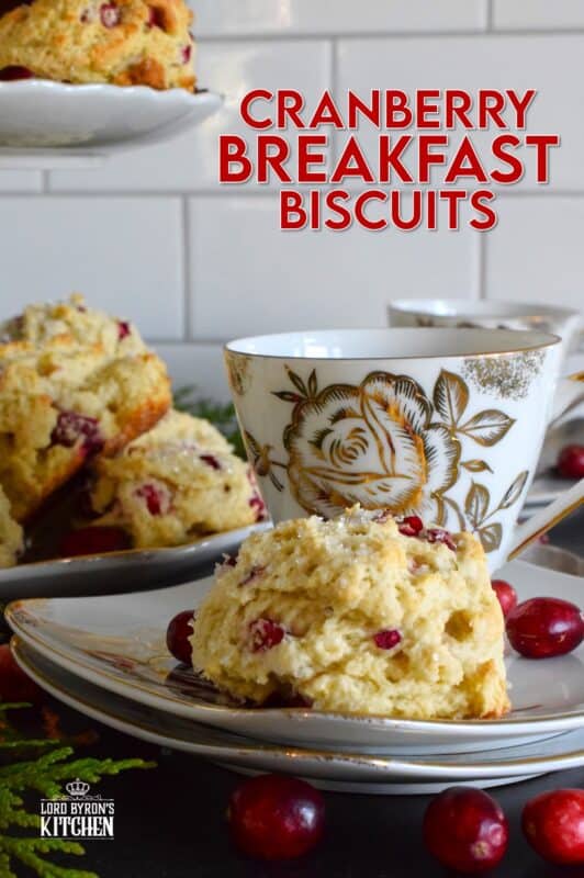 Mastering the art of a light and fluffy biscuit is a skill that allows for many combinations of flavours and textures. These Cranberry Breakfast Biscuits are prepared with a basic scone recipe, but dressed up with sanding sugar and bright, red cranberries! #christmas #breakfast #cranberry #biscuits