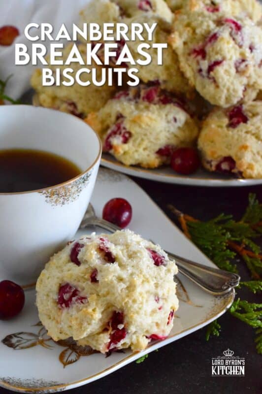 Mastering the art of a light and fluffy biscuit is a skill that allows for many combinations of flavours and textures. These Cranberry Breakfast Biscuits are prepared with a basic scone recipe, but dressed up with sanding sugar and bright, red cranberries! #christmas #breakfast #cranberry #biscuits