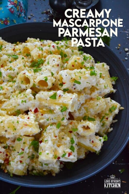 When it comes to cream sauce and pasta, nothing beats this Creamy Mascarpone Parmesan Pasta! The creamiest of them all, this sauce is prepared with both mascarpone and parmesan cheese, seasonings, and fresh lemon juice. Topped with toasted breadcrumbs for taste and texture, this quick and easy meal is simply delicious! #mascarpone #parmesan #pasta