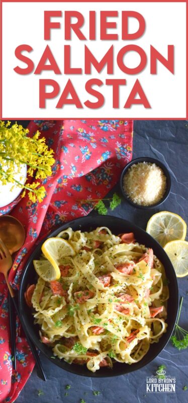 Salmon fillets are lightly seasoned and fried in butter until they are perfectly done. The salmon is gently flaked into bite-sized pieces and tossed with cooked pasta, lemon juice and zest, and lots of garlic. Fried Salmon Pasta is a beautiful and delicious main which takes less than 30 minutes from start to finish! #salmon #pasta #seafood #spaghetti #lemongarlic