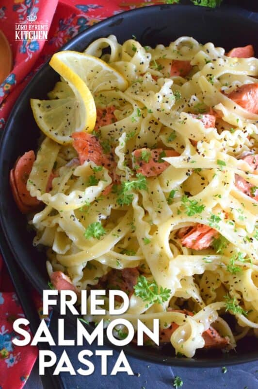 Salmon fillets are lightly seasoned and fried in butter until they are perfectly done. The salmon is gently flaked into bite-sized pieces and tossed with cooked pasta, lemon juice and zest, and lots of garlic. Fried Salmon Pasta is a beautiful and delicious main which takes less than 30 minutes from start to finish! #salmon #pasta #seafood #spaghetti #lemongarlic