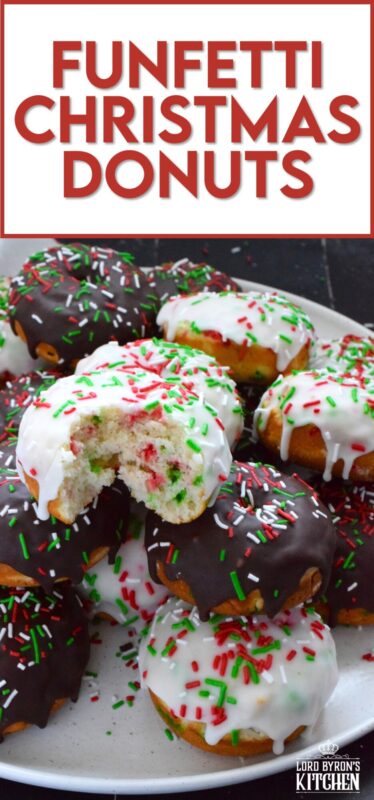 For the kid in all of us this holiday season let's make some Funfetti Christmas Donuts! This light and fluffy vanilla donut is filled with sprinkles and topped with a sugary, sweet glaze. Better than store-bought, these donuts make a lovely bring-along party treat as well! #funfetti #sprinkles #christmas #donuts #doughnuts