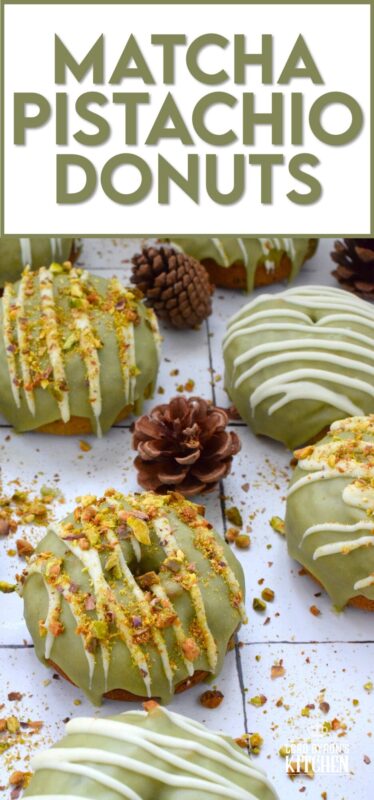 Everything is coming up green in these Matcha Pistachio Donuts! The batter is light and fluffy and prepared with finely chopped pistachios and matcha. Dipped in matcha-infused icing and drizzled with white chocolate, these donuts are delicious and addictive! #matcha #greentea #donuts #pistachio