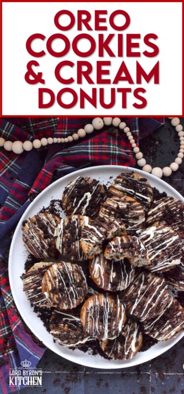 Crushed Oreo cookies are packed into the most delicious vanilla cake donuts and topped with smooth, melted white and milk chocolate, and even more crushed Oreos! Don't worry about the indulgence of these donuts because they're baked and not fried which means you're saving on calories! Right!? #cookiesandcream #oreo #donuts