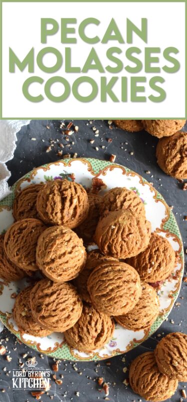 These plump, soft cookies are made with lots of familiar spices associated with fall baking. Pecan Molasses Cookies are very easy to prepare; simply make the cookie dough and use a cookie scoop to portion out mounds onto your baking sheet. Let your oven do the rest! These are one of my all-time favourite cookies! #pecan #molasses #cookies