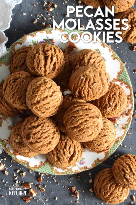 These plump, soft cookies are made with lots of familiar spices associated with fall baking. Pecan Molasses Cookies are very easy to prepare; simply make the cookie dough and use a cookie scoop to portion out mounds onto your baking sheet. Let your oven do the rest! These are one of my all-time favourite cookies! #pecan #molasses #cookies