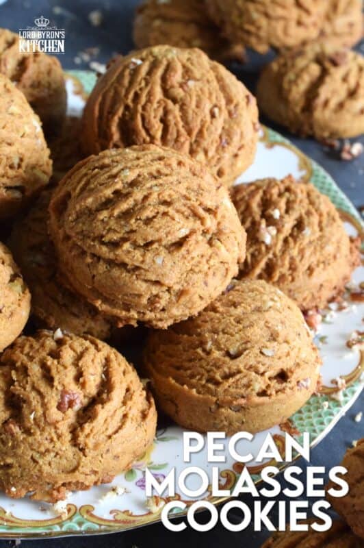These plump, soft cookies are made with lots of familiar spices associated with fall baking. Pecan Molasses Cookies are very easy to prepare; simply make the cookie dough and use a cookie scoop to portion out mounds onto your baking sheet. Let your oven do the rest! These are one of my all-time favourite cookies! #pecan #molasses #cookies