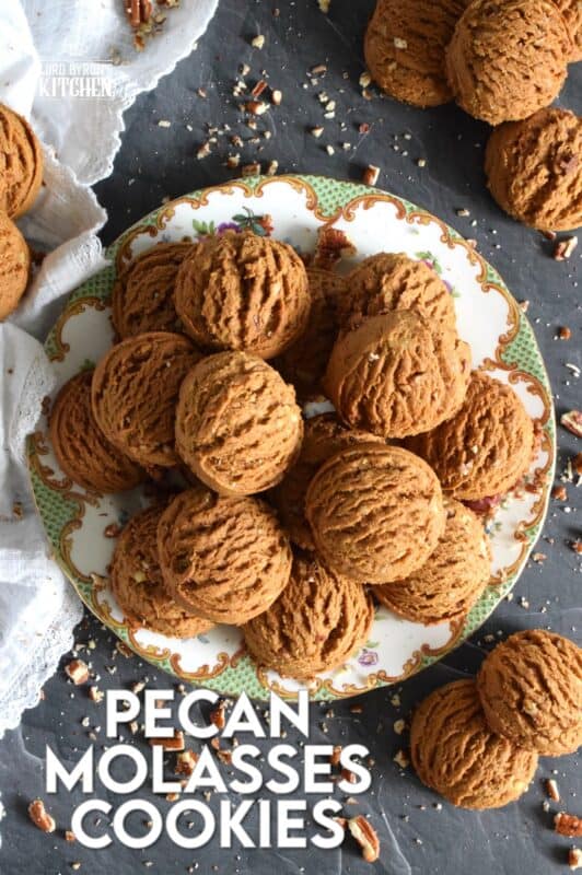 These plump, soft cookies are made with lots of familiar spices associated with fall baking. Pecan Molasses Cookies are very easy to prepare; simply make the cookie dough and use a cookie scoop to portion out mounds onto your baking sheet. Let your oven do the rest! These are one of my all-time favourite cookies! #pecan #molasses #cookies