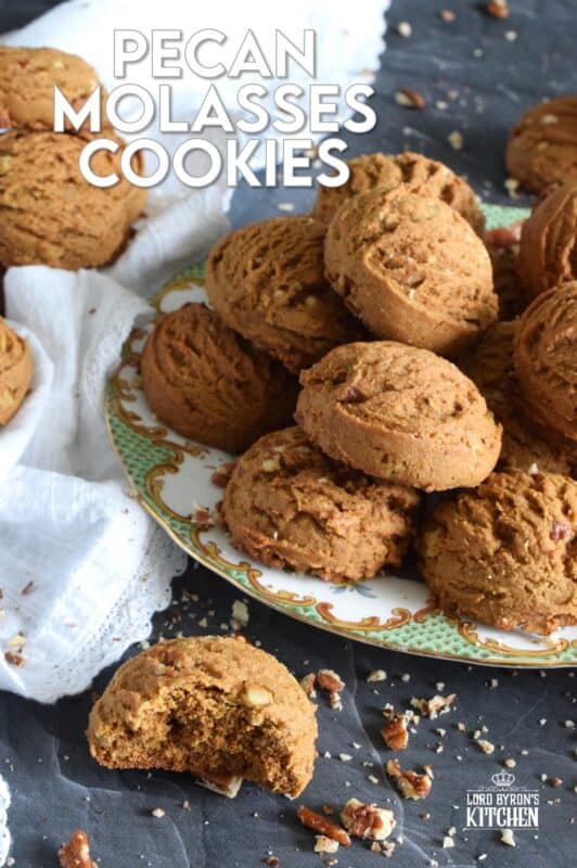 These plump, soft cookies are made with lots of familiar spices associated with fall baking. Pecan Molasses Cookies are very easy to prepare; simply make the cookie dough and use a cookie scoop to portion out mounds onto your baking sheet. Let your oven do the rest! These are one of my all-time favourite cookies! #pecan #molasses #cookies