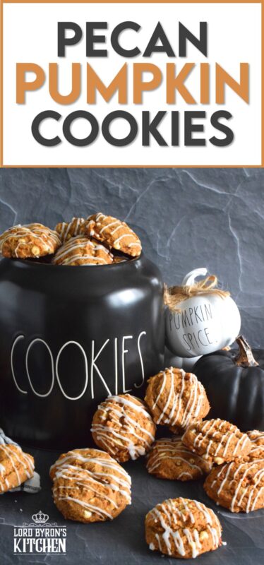 Pecan Pumpkin Cookies are prepared with molasses, real pumpkin puree, lots of pumpkin spice flavour, white chocolate chips, and chopped pecans. Topped with a sweet glaze, they are delectably moist and flavourful. If you're looking for a cookie that tastes like fall, look no further! #pumpkin #pecan #spice #puree #cookies