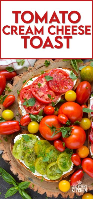 Summer fresh tomatoes are piled onto lightly toasted bread with a generous spread made with cream cheese. Tomato Cream Cheese Toast is a delicious summertime lunch or an appetizer too! Don't forget to season the tomatoes well and use fresh herbs for flavour and garnish. #sandwich #tomato #openfaced #creamcheese