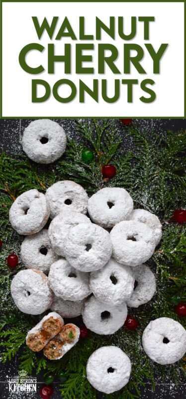 Packed full of red and green candied cherries and chopped toasted walnuts, these Walnut Cherry Donuts are the epitome of holiday-themed donuts! Baked with familiar Christmas spices, this donut is very similar in flavour to fruitcake - but without the fuss! #walnut #candied #cherries #donuts