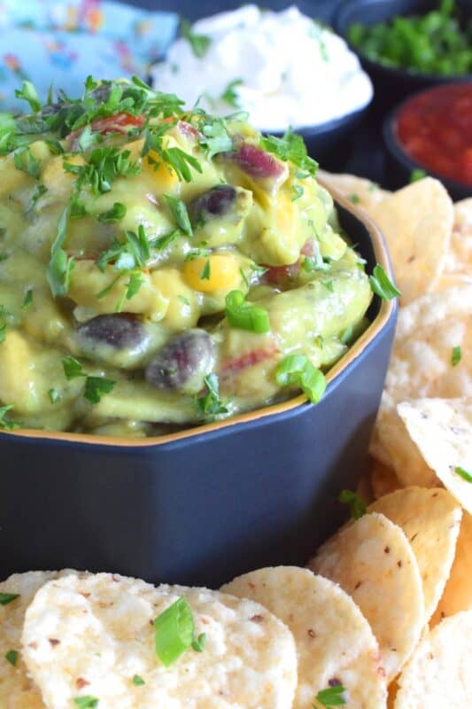 Dig into this new and exciting flavour combination and add additional flair to your favourite meals and snacks! Homemade Ranch Guacamole is prepared with the ingredients used to make black bean and corn guacamole along with the herbs and spices used in a homemade ranch seasoning blend. #ranch #dip #guacamole