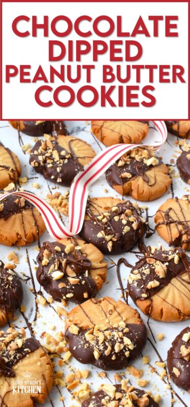 In our home, you cannot go wrong with the classic combination of peanut butter and chocolate! These delicious Chocolate Dipped Peanut Butter Cookies are dipped in melted chocolate and topped with a sprinkling of chopped salted peanuts. These are so easy to make, so whip up several batches and gift them to your friends, neighbours, and coworkers! #peanutbutter #cookies #chocolate #christmas #holiday #baking