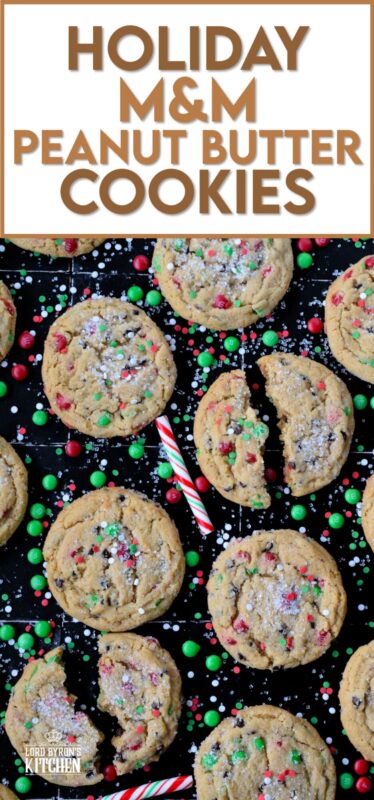 If you can't indulge a little at Christmas time, then there is just no point! These soft and chewy, chocolatey Holiday M&M Peanut Butter Cookies are certainly indulgent! Not only are they one of the best cookies ever, but they are massive as well! Brighten up your cookie platter with these colourfully festive treats! #M&M #cookies #peanutbutter #chewy #soft #christmas #holiday