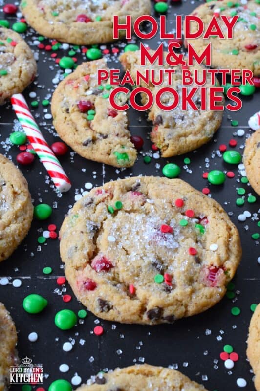 If you can't indulge a little at Christmas time, then there is just no point! These soft and chewy, chocolatey Holiday M&M Peanut Butter Cookies are certainly indulgent! Not only are they one of the best cookies ever, but they are massive as well! Brighten up your cookie platter with these colourfully festive treats! #M&M #cookies #peanutbutter #chewy #soft #christmas #holiday