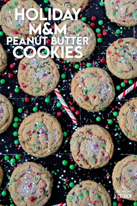 If you can't indulge a little at Christmas time, then there is just no point! These soft and chewy, chocolatey Holiday M&M Peanut Butter Cookies are certainly indulgent! Not only are they one of the best cookies ever, but they are massive as well! Brighten up your cookie platter with these colourfully festive treats! #M&M #cookies #peanutbutter #chewy #soft #christmas #holiday