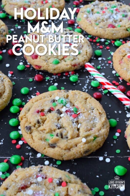 If you can't indulge a little at Christmas time, then there is just no point! These soft and chewy, chocolatey Holiday M&M Peanut Butter Cookies are certainly indulgent! Not only are they one of the best cookies ever, but they are massive as well! Brighten up your cookie platter with these colourfully festive treats! #M&M #cookies #peanutbutter #chewy #soft #christmas #holiday