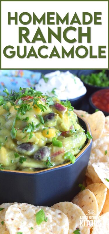Dig into this new and exciting flavour combination and add additional flair to your favourite meals and snacks! Homemade Ranch Guacamole is prepared with the ingredients used to make black bean and corn guacamole along with the herbs and spices used in a homemade ranch seasoning blend. #ranch #dip #guacamole
