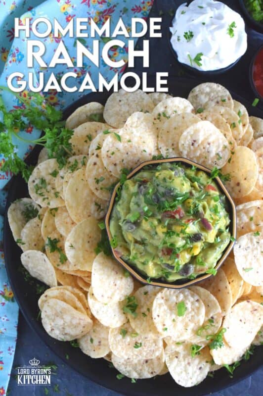 Dig into this new and exciting flavour combination and add additional flair to your favourite meals and snacks! Homemade Ranch Guacamole is prepared with the ingredients used to make black bean and corn guacamole along with the herbs and spices used in a homemade ranch seasoning blend. #ranch #dip #guacamole