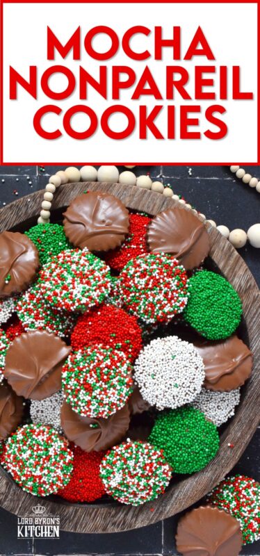 Prepared with good baking cocoa, these Mocha Nonpareil Cookies are dipped in melted milk chocolate and covered with everyone's favourite sprinkles! The cookies are firm and crisp, but they melt in your mouth. Baked with a splash of coffee extract, everyone will be trying to guess why these cookies taste so good! #nonpareil #sprinkles #cookies #christmas #chocoalte #dipped