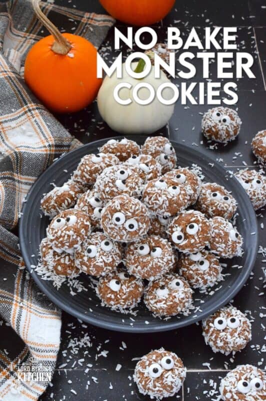 Prepared with melted marshmallows, cocoa powder, sweetened condensed milk, and graham cracker crumbs, No Bake Monster Cookies are sure to give you autumn smores vibes. The addition of the googly candy eyes in the center of each cookie helps make these cookies feel and look perfectly ready for Halloween! #halloween #monster #nobake #cookies #balls