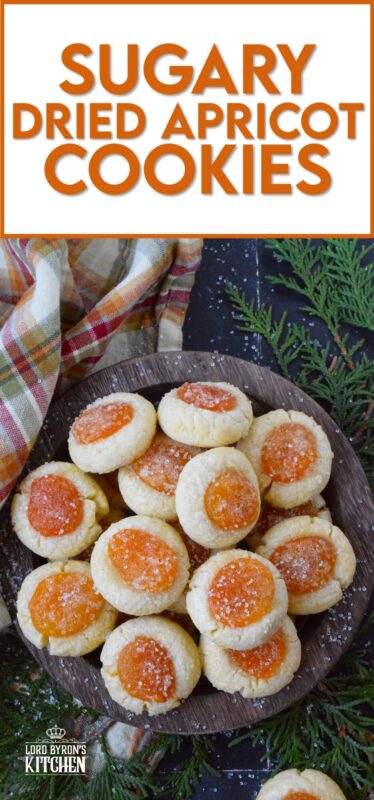 Sugary Dried Apricot Cookies are prepared with a mild and lightly sweetened cookie dough so that the flavour of the dried apricot is at the forefront. Sprinkled with a glistening sugary topping, these simple cookies are so flavourful and quite pretty too! The texture of the apricot and the soft crumble of the cookie is a perfect pairing. #apricot #dried #christmas #cookies