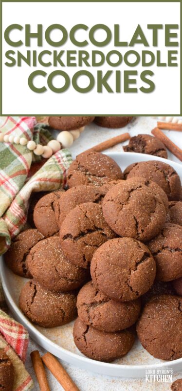 Everyone loves the original snickerdoodle cookie, but this chocolate version is even more delicious!  Prepared with brown sugar and cocoa, the cookies are rolled in a cinnamon sugar mixture, which gives the cookie that recognizable and familiar crinkly appearance.  Chocolate Snickerdoodle Cookies are soft and chewy with slightly crispy outer edges. #snickerdoodles #christmas #cookies #cinnamon