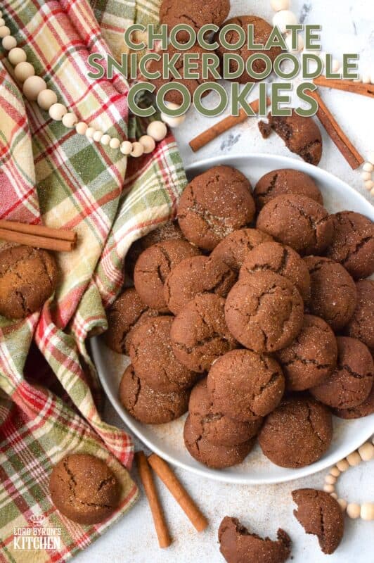 Everyone loves the original snickerdoodle cookie, but this chocolate version is even more delicious!  Prepared with brown sugar and cocoa, the cookies are rolled in a cinnamon sugar mixture, which gives the cookie that recognizable and familiar crinkly appearance.  Chocolate Snickerdoodle Cookies are soft and chewy with slightly crispy outer edges. #snickerdoodles #christmas #cookies #cinnamon