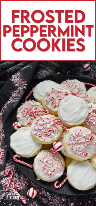 If you love peppermint, these cookies have all the peppermint you could possibly need! Frosted Peppermint Cookies have a buttercream peppermint frosting and lots of crushed candy canes on top. These cookies are soft and moist and melt in your mouth! #christmas #cookies #buttercream #candycanes #peppermint