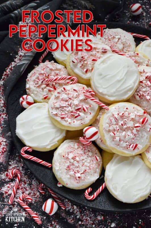 If you love peppermint, these cookies have all the peppermint you could possibly need! Frosted Peppermint Cookies have a buttercream peppermint frosting and lots of crushed candy canes on top. These cookies are soft and moist and melt in your mouth! #christmas #cookies #buttercream #candycanes #peppermint