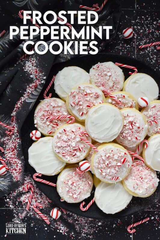 If you love peppermint, these cookies have all the peppermint you could possibly need! Frosted Peppermint Cookies have a buttercream peppermint frosting and lots of crushed candy canes on top. These cookies are soft and moist and melt in your mouth! #christmas #cookies #buttercream #candycanes #peppermint