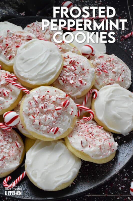 If you love peppermint, these cookies have all the peppermint you could possibly need! Frosted Peppermint Cookies have a buttercream peppermint frosting and lots of crushed candy canes on top. These cookies are soft and moist and melt in your mouth! #christmas #cookies #buttercream #candycanes #peppermint