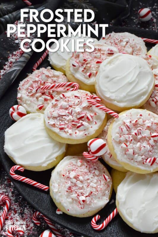 If you love peppermint, these cookies have all the peppermint you could possibly need! Frosted Peppermint Cookies have a buttercream peppermint frosting and lots of crushed candy canes on top. These cookies are soft and moist and melt in your mouth! #christmas #cookies #buttercream #candycanes #peppermint