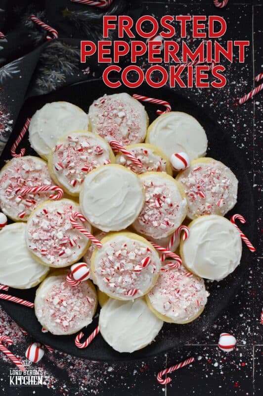 If you love peppermint, these cookies have all the peppermint you could possibly need! Frosted Peppermint Cookies have a buttercream peppermint frosting and lots of crushed candy canes on top. These cookies are soft and moist and melt in your mouth! #christmas #cookies #buttercream #candycanes #peppermint