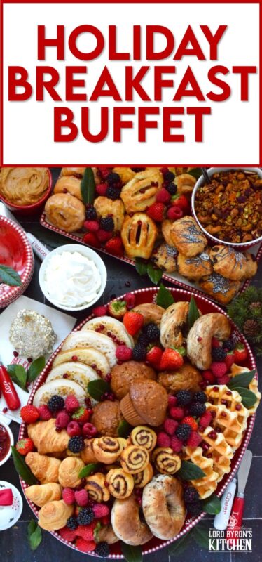 Gather together a bunch of breakfast items and assemble this super easy Holiday Breakfast Buffet! Your guests and family will love filling up on these morning favourites. Set the plates right in the middle of your table or kitchen counter and let everyone help themselves! #breakfast #charcuterie #holiday #christmas