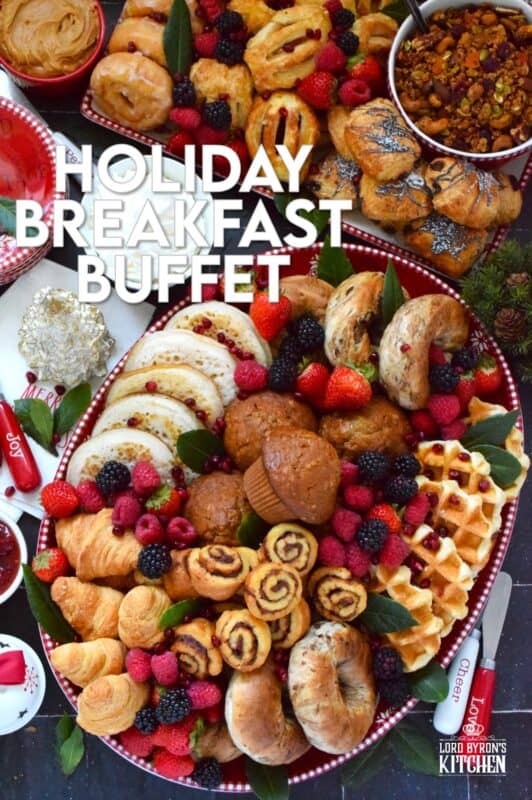 Gather together a bunch of breakfast items and assemble this super easy Holiday Breakfast Buffet! Your guests and family will love filling up on these morning favourites. Set the plates right in the middle of your table or kitchen counter and let everyone help themselves! #breakfast #charcuterie #holiday #christmas